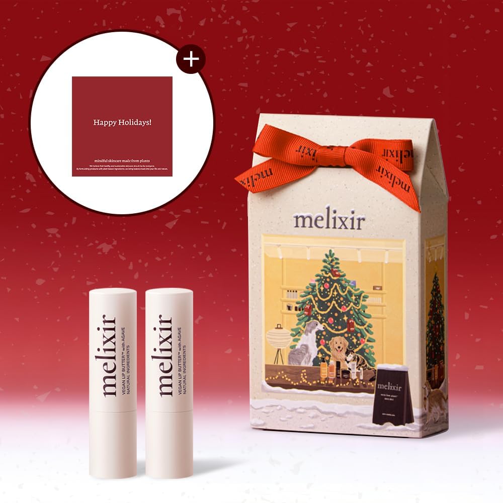 Melixir Vegan Lip Butter Duo — Agave + Nudy Rose in holiday gift box with Happy Holidays card